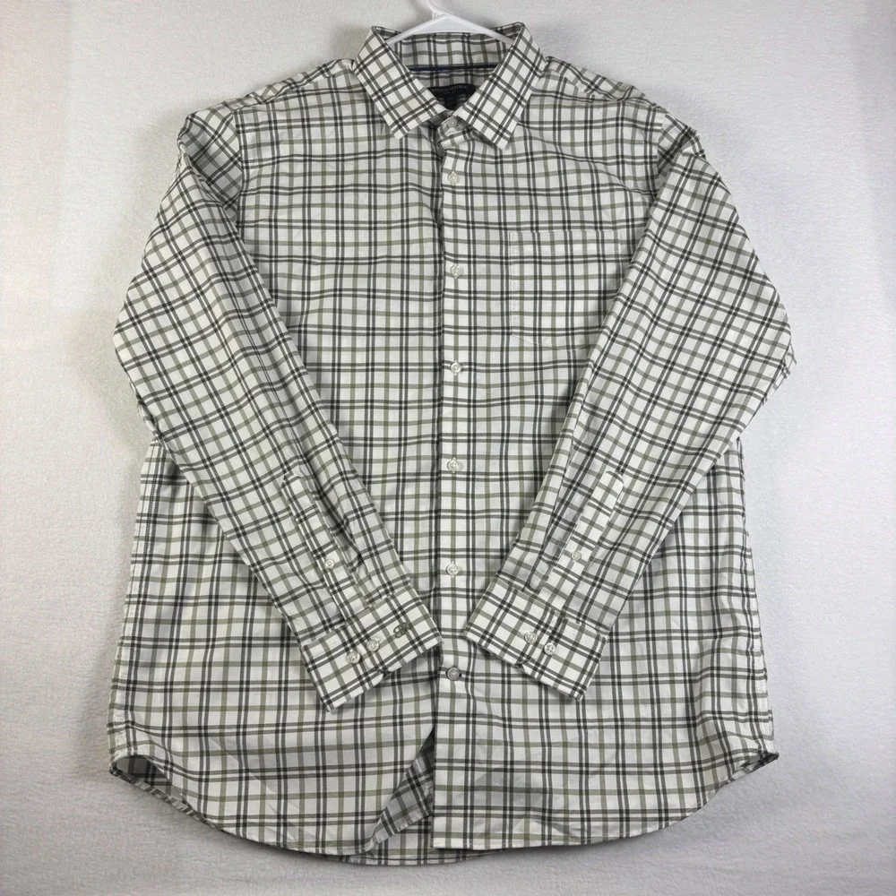 Banana Republic Mens XXL Slim Fit Plaid Button Down Shirt Olive Green White Long